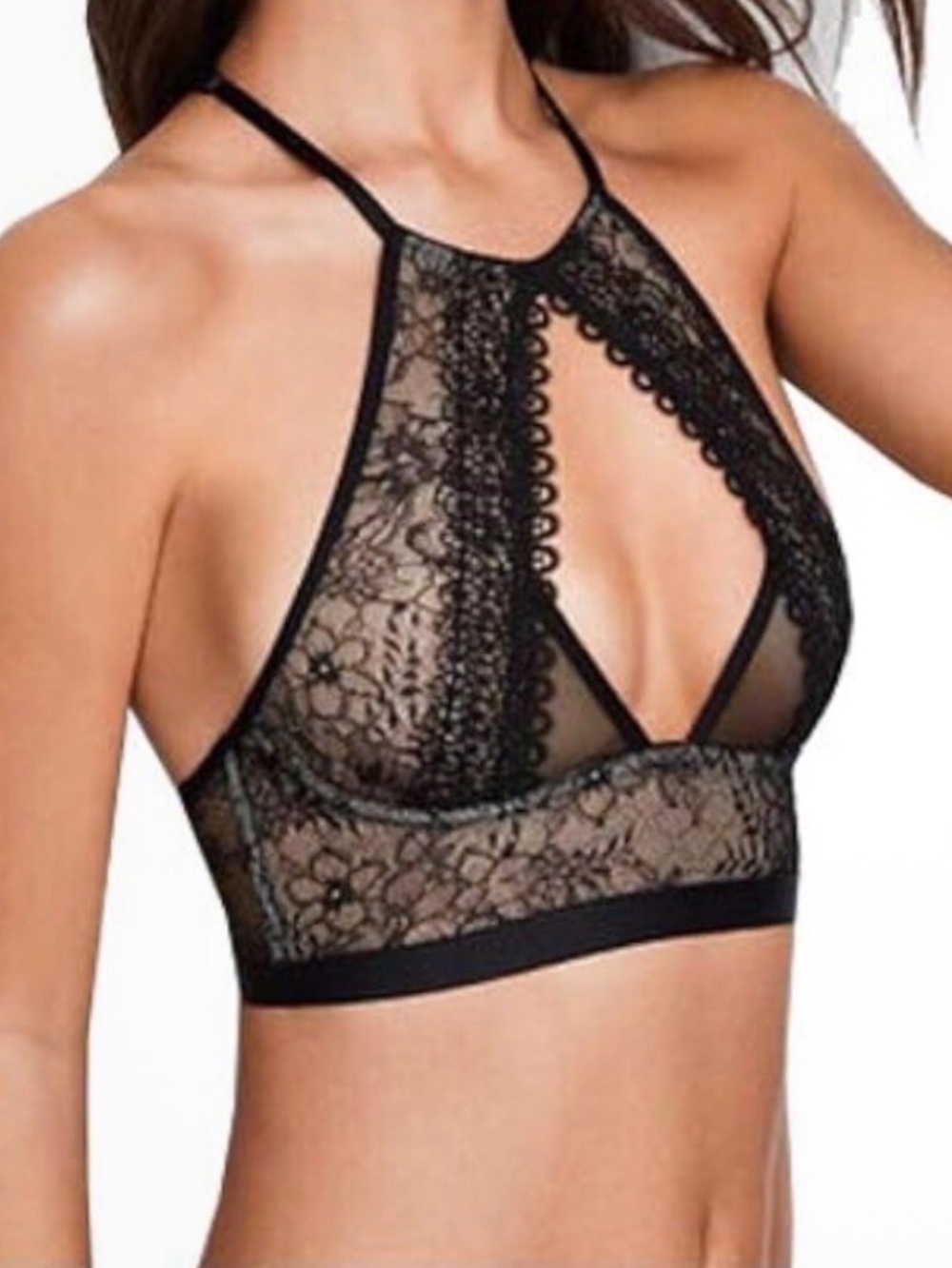 Victoria's Secret Very Sexy Bralette Black Lace High-Neck with Keyhole Detail